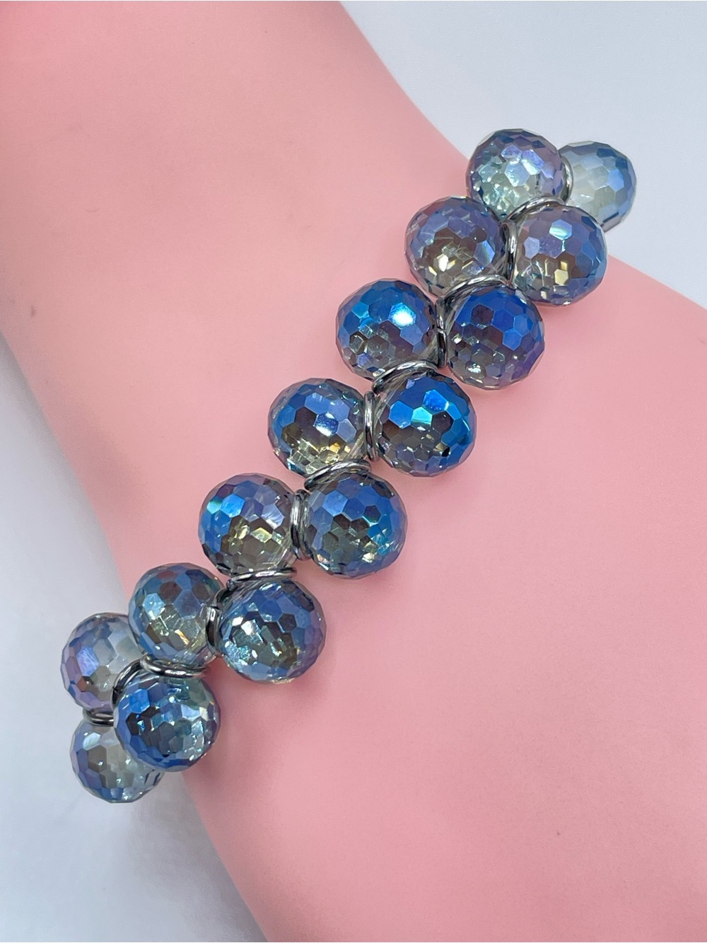 Silver Gunmetal Tone Blue AB Crystal Glass Tennis Bracelet Glam Sparkle